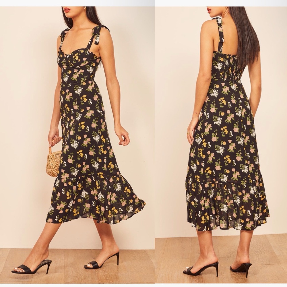Reformation Floral Midi Dress Floral Print Tie Shoulder Sz 2 - Picture 3 of 16
